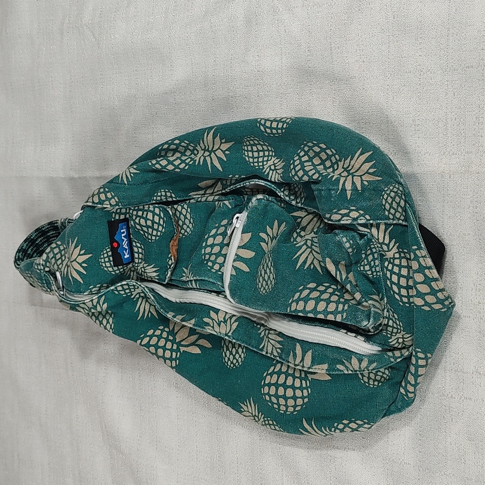 Kavu Pineapple Hawaiian Print Blue Green Rope Sling Canvas Shoulder Bag